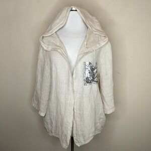 Tempo Paris Linen Hooded Jacket Open Front Crochet Trim